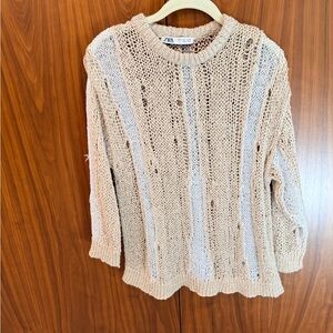 Zara Beige & Off-White Open-Weave Crewneck Sweater